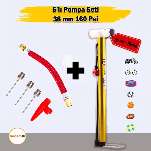 Bisiklet Pompası 6'lı Uç Seti El Tipi Ayak Tutamaklı Metal Borulu Top Lastik Şambrel Şişirme Uçlu ürün görseli 1