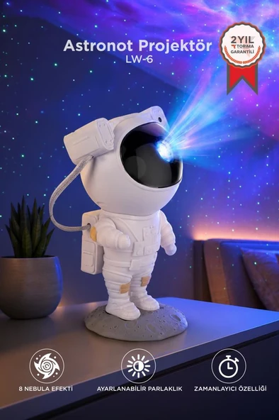 Astronot Projektör Led Galaksi Uzaktan Zamanlayıcı Kumandalı Gece Lambası LW6 Beyaz ürün görseli 1