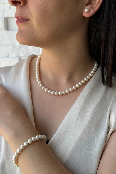 7,5 mm Doğal İnci Sıralı Kolye Bileklik Küpe Üçlü Set ürün görseli 1