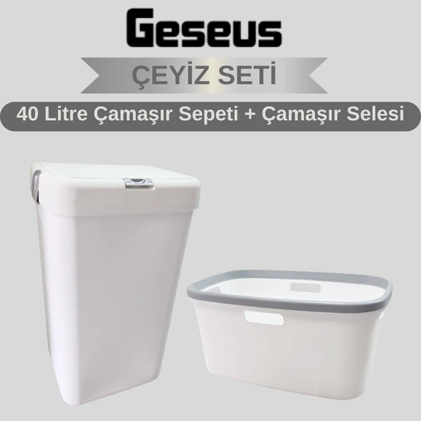 Geseus Motek Tekli 40 Lt Kirli Çamaşır Sepeti+Çamaşır Selesi Ikili Set, Çeyiz Seti Gümüş+Beyaz ürün görseli 1