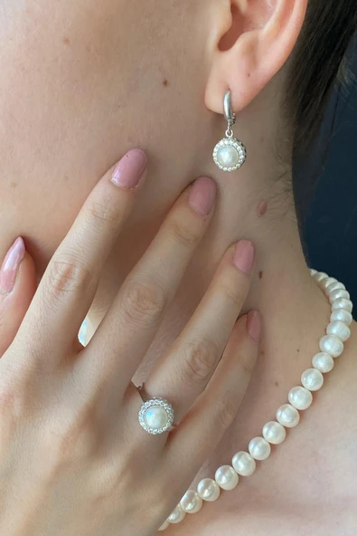 7,5 mm Kadın Yuvarlak Taşlı Doğal İnci Küpe Kolye Yüzük Bileklik Dörtlü Set ürün görseli 1
