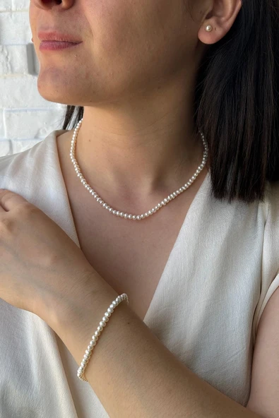 4,5 mm Doğal İnci Sıralı Kolye Bileklik Küpe Üçlü Set ürün görseli 1