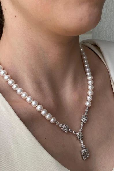 7,5 mm Kadın Baget Taşlı Doğal İnci Küpe Kolye Bileklik Yüzük Dörtlü Set ürün görseli 1