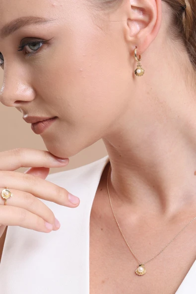4,5 mm İstiridye Doğal İnci Küpe Kolye Yüzük Üçlü Set ürün görseli 1