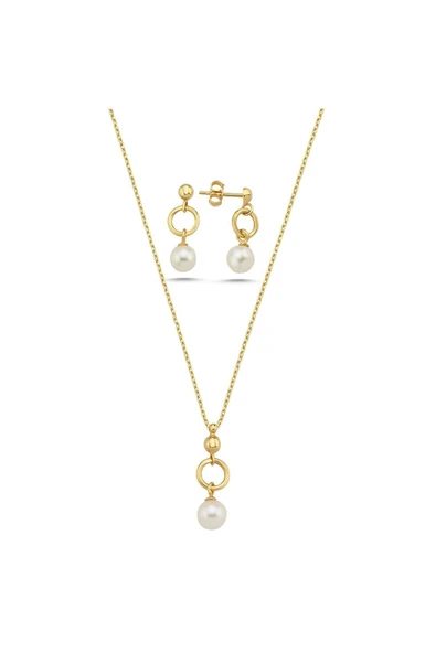 7,5 mm Halka Doğal İnci Küpe Kolye İkili Set ürün görseli 1