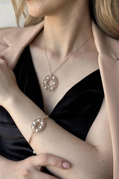 6,5 mm Tasarımlı Doğal İncili Kolye Bileklik İkili Set ürün görseli 1