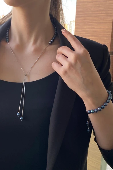 8,5 mm Asansörlü Yarı Doğal İnci Yarı Zincir Kadın Kolye Bileklik İkili Set ürün görseli 1