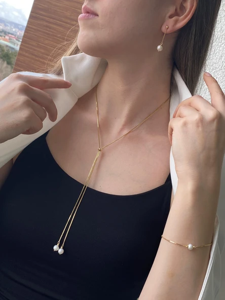Kadın Zincirli Asansör Model Doğal İnci Küpe Kolye Bileklik Üçlü Set ürün görseli 1