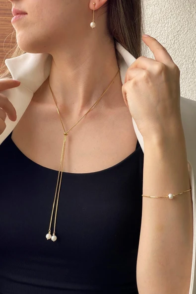 7,5 mm Asansörlü Doğal İnci Küpe Kolye Bileklik Üçlü Set ürün görseli 1