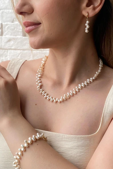 5,5 mm Barok Doğal İnci Kolye Bileklik Küpe Üçlü Set ürün görseli 1