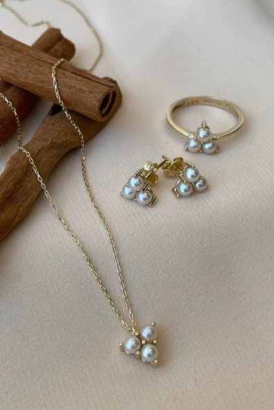 3,5 mm Tria Doğal İnci Küpe Kolye Yüzük Üçlü Set ürün görseli 1
