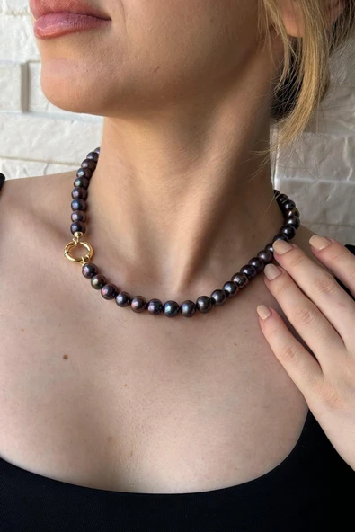 9,5 mm Doğal Siyah İnci Kolye - Resim 2