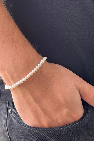 4,5 mm Doğal İnci Sıralı Erkek Bileklik ürün görseli 1