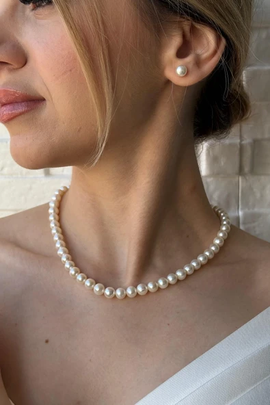 8,5 mm Sıralı Doğal İnci Kolye Bileklik Küpe Üçlü Set ürün görseli 1