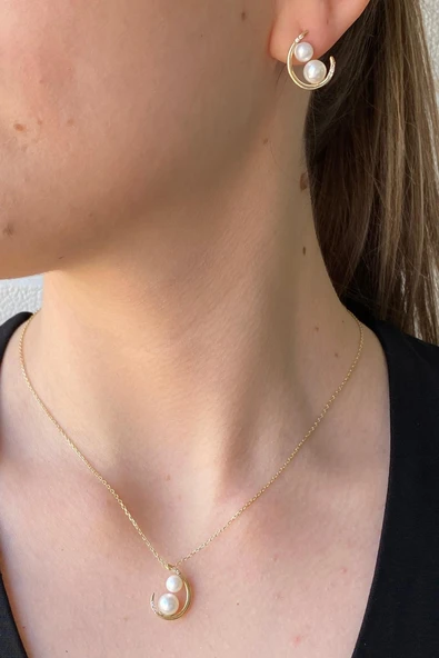 6,5 mm Çift Doğal İncili Küpe Kolye İkili Set ürün görseli 1