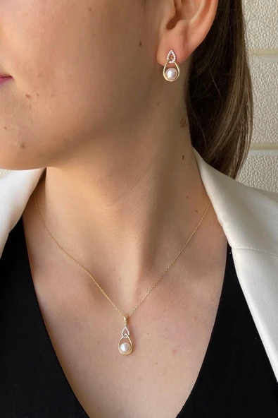 6,5 mm Zirkon Taşlı Damla İçinde Doğal İnci Küpe Kolye İkili Set ürün görseli 1