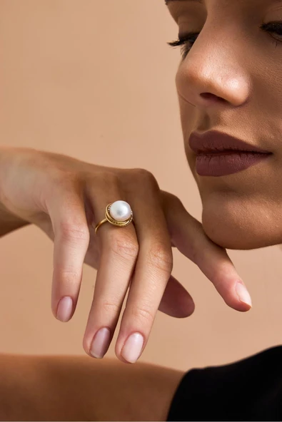 10,5 mm Zirkon Taşlı Doğal İnci Yüzük ürün görseli 1
