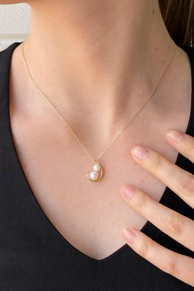 6,5 mm Çift Doğal İncili Kolye - Resim 3
