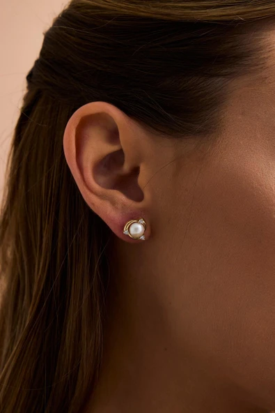 6,5 mm Zirkon Taşlı Doğal İnci Küpe ürün görseli 1