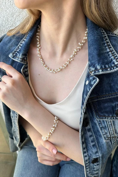 4,5 mm Sallantılı Doğal İnci Kolye Bileklik İkili Set ürün görseli 1