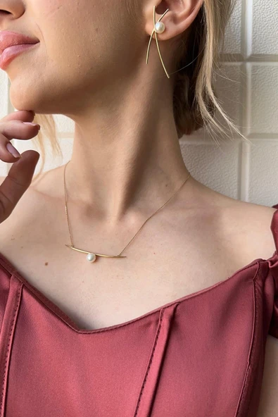 7,5 mm Doğal İncili Küpe Kolye İkili Set ürün görseli 1
