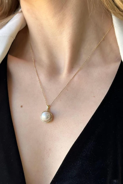 10,5 mm Zirkon Taşlı Doğal İnci Kolye ürün görseli 1