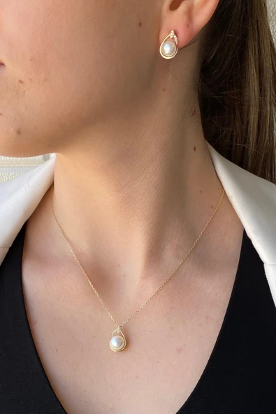 6,5 mm Damla Doğal İnci Küpe Kolye İkili Set ürün görseli 1