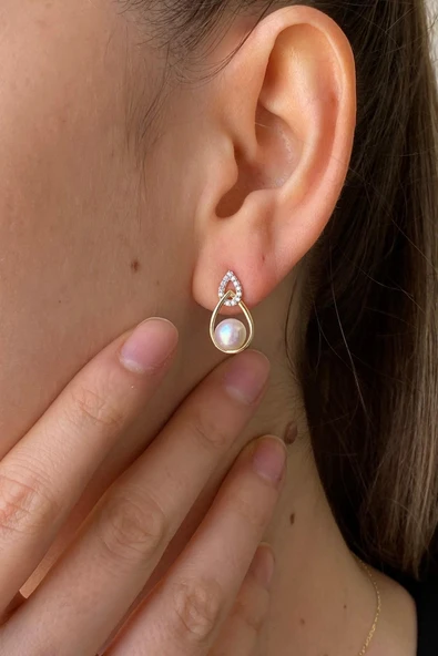 6,5 mm Zirkon Taşlı Doğal İnci Küpe ürün görseli 1