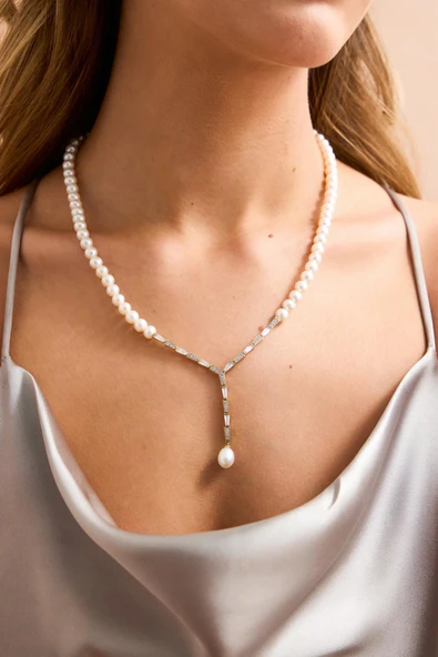 6,5 mm Baget Zirkon Taşlı Doğal İnci Kolye ürün görseli 1