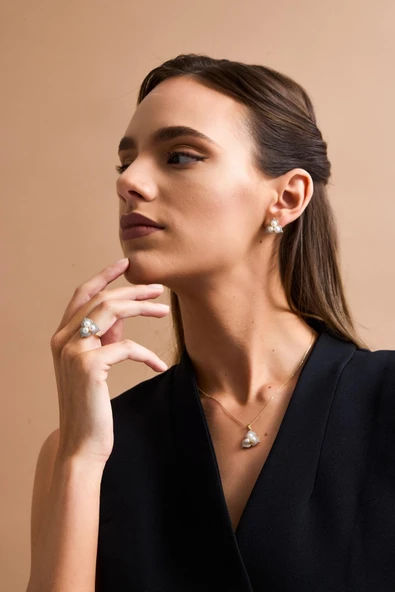 5 mm Zirkon Taşlı Doğal İncili Küpe Kolye Yüzük Üçlü Set ürün görseli 1