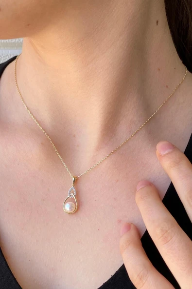 6,5 mm Zirkon Taşlı Damla İçinde Doğal İnci Kolye ürün görseli 1