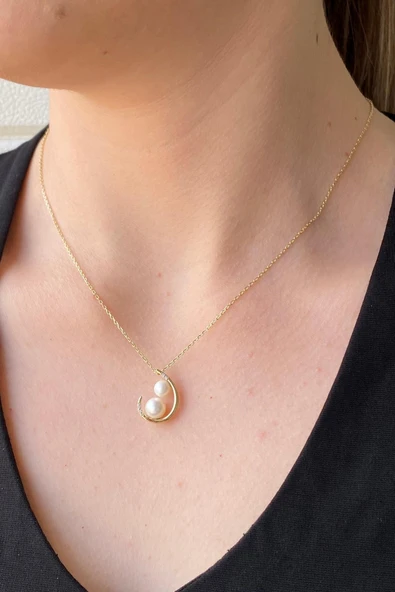 6,5 mm Çift Doğal İncili Kolye - Resim 2