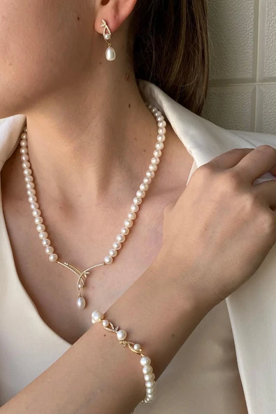 6,5 mm Yaprak Taşlı Doğal İncili Küpe Kolye Bileklik Üçlü Set ürün görseli 1