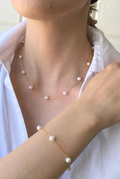 6,5 mm Çıtır Doğal İnci Zincir Kolye Bileklik ikili Set ürün görseli 1