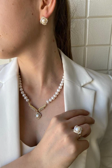 6,5 mm Rüzgar Gülü Doğal İnci Küpe Kolye Yüzük Üçlü Set ürün görseli 1