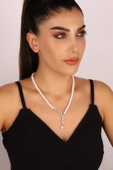 6,5 mm Yaprak Taşlı Doğal İnci Kolye ürün görseli 1