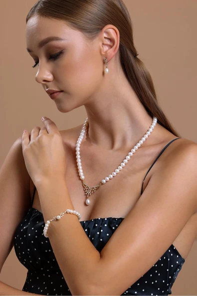 6,5 mm Yaprak Taşlı Doğal İnci Küpe Kolye Bileklik Üçlü Set ürün görseli 1