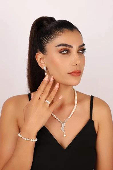 6,5 mm Su Yolu Taşlı Doğal İnci Küpe Kolye Bileklik Yüzük Dörtlü Set ürün görseli 1