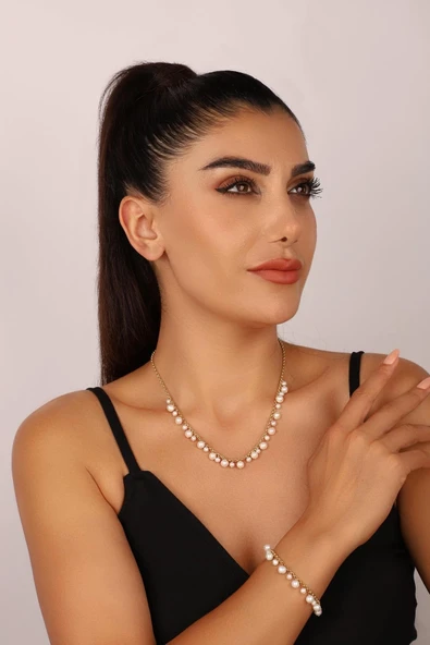 5,5 mm Doğal İnci Sallantılı Kolye Bileklik İkili Set ürün görseli 1