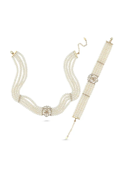 4,5 mm Lale Motif Dört Sıralı Doğal İnci Kolye Bileklik İkili Set ürün görseli 1