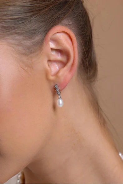 7,5 mm Zirkon Taşlı Doğal İnci Küpe ürün görseli 1