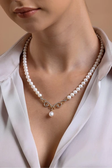 6,5 mm Zirkon Taşlı Doğal İnci Kolye ürün görseli 1