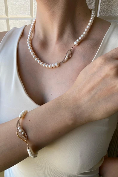6,5 mm Yaprak Taşlı Doğal İnci Kolye Bileklik İkili Set ürün görseli 1