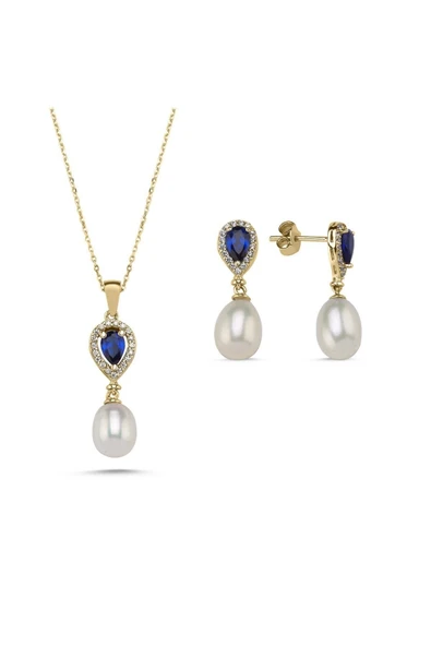 8,5 mm Damla Safir Doğal İnci Sallantı Küpe Kolye İkili Set ürün görseli 1