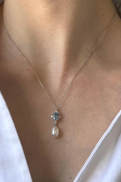 9,5 mm Mavi Renk Taşlı Doğal İnci Sallantı Küpe Kolye İkili Set ürün görseli 1