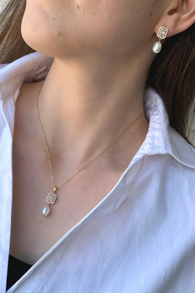 9,5 mm Baget Taş Doğal İnci Sallantı Küpe Kolye İkili Set ürün görseli 1