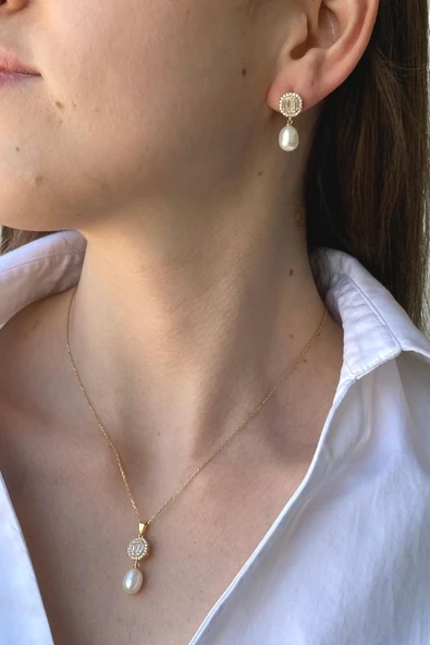 9,5 mm Baget Sekizgen Doğal İncili Sallantı Küpe Kolye İkili Set ürün görseli 1