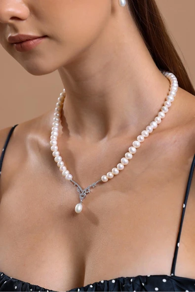 6,5 mm Zirkon Taşlı Doğal İnci Sallantılı Kolye ürün görseli 1