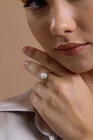 7,5 mm Zirkon Taşlı Doğal İnci Yüzük ürün görseli 1