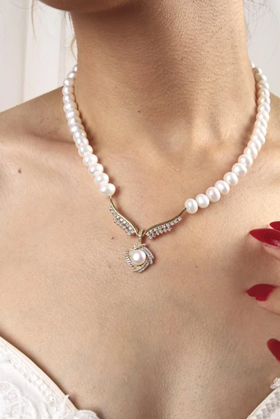 6,5 mm Rüzgar Gülü Doğal İnci Kolye ürün görseli 1